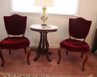 Red Parlor Chair and antique marble top Table