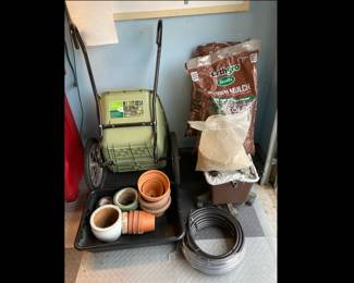 Lot 1384 Gardening Tools, Pots, Rock and Garden Cart