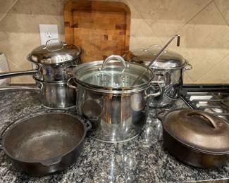 Lot 1317 Belgique Stainless Steel Pots Lodge Cast Iron Wood Cutting Board