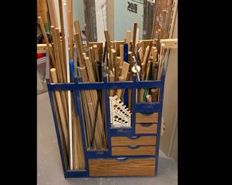 Lot 1311 Woodworking Dowels Assorted Widths in Home Made Storage Rack