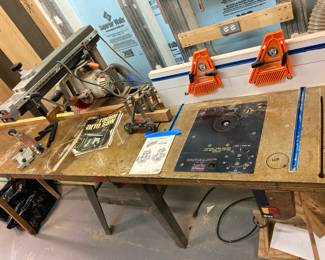 Lot 1186 Black Decker Radial Arm Saw Milwaukee Router mounted on Bench Tools