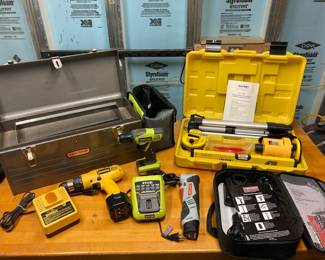 Lot 1191 Alton Laser Level, Dewalt and Ryobi Cordless Drills, Craftsman Impact Driver, Vintage Craftsman Toolbox Tools