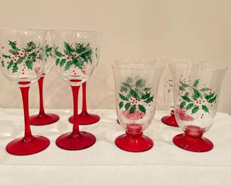 Lot 1400 Holiday Gorham Crystal EtchedHand Painted Wine Water Goblets