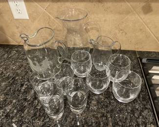 Lot 1327 3 Glass Pitchers 2 sets of 4 Beverage Glasses Luigi Bormioli and Unmarked