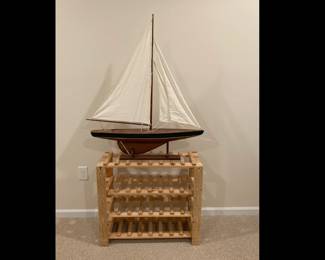 Lot 1213 Large Hand Made Model Sailboat w wooden Shelf Wine Rack