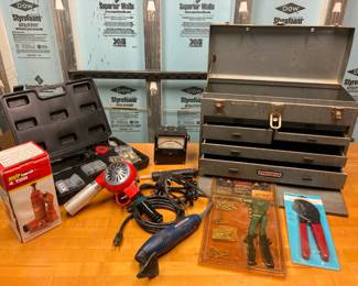 Lot 1192 Vintage Craftsman MultiDrawer Metal Toolbox, Ryobi Detail Sander, Milwaukee Heat Gun,, Bottle Jack, Riveters, Amperege meter, Glue gun Tools