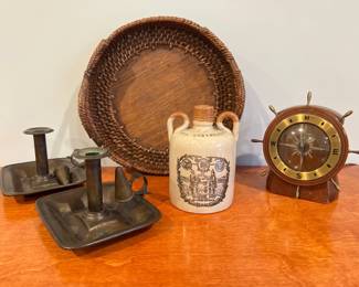 Lot 1253 Vintage Decor Waltham Ships Wheel Clock Brass Candleholder The Graybeard Stoneware Jug Rattan Tray