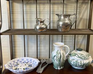 Lot 1164 Pewter Pitchers Mesa International Soup Tureen Pitcher Serving Platter Fitz Floyd Serving Fork Spoon