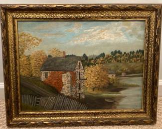 Lot 1205 Antique The Old Mill at Westport on Lake Champlain Primitive Oil Painting Wall Art