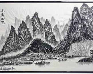 Lot 309: Original Liu Haisu Chinese Landscape Monochrome Ink Framed in Chrome and Black Lacquer