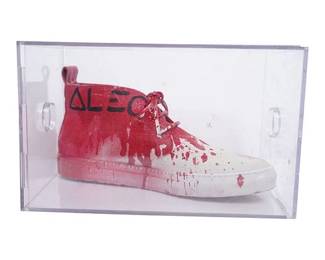 Lot 278: Authentic 1:1 Alec Monopoly Hand-Painted and Designed Del Toro "Mr. Monopoly" Chukka Sneaker