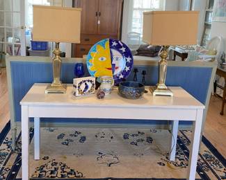 Sofa table, pr brass lamps, Italy charger smalls.