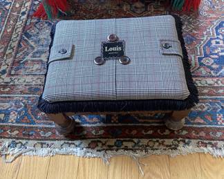 Burberry vintage mens coat, made into custom footstool.