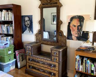 Portraits, Drop well dresser, Faux painted and matching mirror.