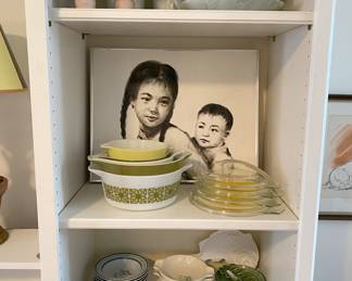 Chinese children painting Pyrex and lids, various pieces of china.