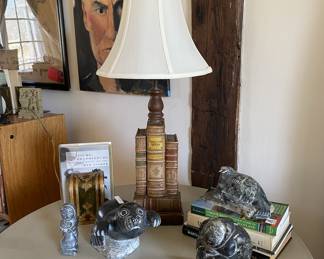 Inuite statues, Italy book lamp and bookends.