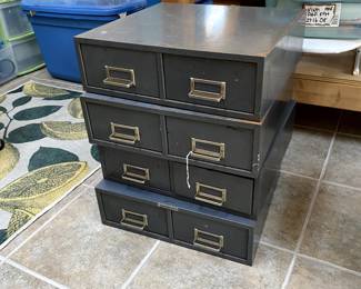 4 File boxes metal, 2 long drawers each. Post card size.