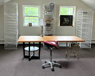 Door supported by 2 tables, Danish chair, Elfa wire set not for sale...