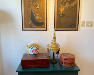 Pair of Japanese watercolor panels, Chinese scroll bo, Thai and Burmese decorative items. More available not seen here,