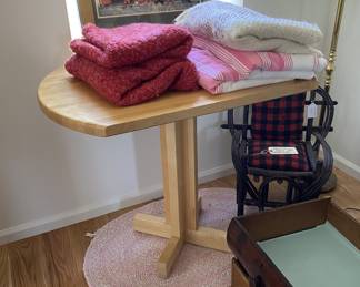 vintage etc blankets, table maple children's, does with 2 stools. Thai print and floor lamp.