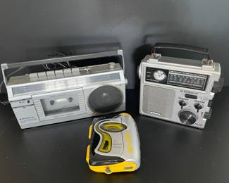 Vintage Sony Walkman, Sanyo radio cassette recorder, Eton Fr300 Emergency Crank Radio
