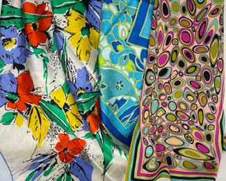 Silk scarves: Emilio Pucci Fuilio, Pierre Cardin, Jim Thompson