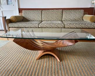 Blaise Gaston Inc: Spiral Cocktail Table. Bubinga-veneered plywood with thick glass top 