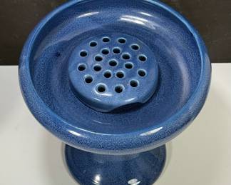Early 1900’s, Weller Pottery blue compote with matching flower frog.  These pieces are referred to as “monochrome” and the frog has incised WELLER mark.