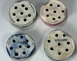 C1910, Weller Pottery flower frogs.  These are “monochrome” and all have an incised WELLER mark.