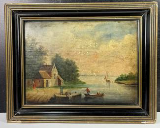 19th Century Oil on Board River Scene European School