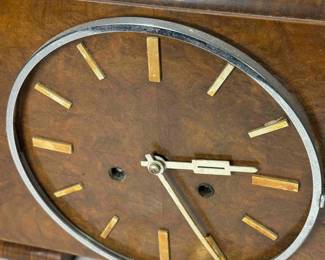 Good example of a walnut Art Deco Mantle clock by Germany’s oldest watchmakers, Kienzle. A quality 8-day movement, which chimes the hour.   Art Deco, walnut mantel clock in walnut, includes original key and pendulum.