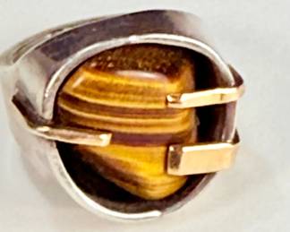 Modernist Sterling Silver & 14 Karat Gold Men's Ring with Tiger Eye Stone Size 7 1/2