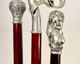 Lot of 3 Design Toscano Pewter Handled Walking Sticks from Italy