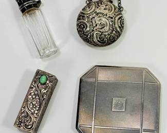 Silver Lot with Compact, Perfume, Vinaigrette and Lipstick