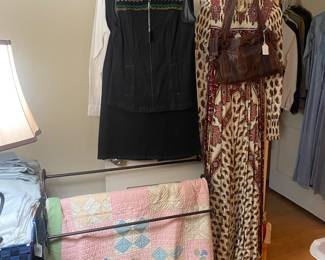 Metal quilt rack. Handmade quilt, 80’s denim skirt & vest. Vintage dress, eel purse 