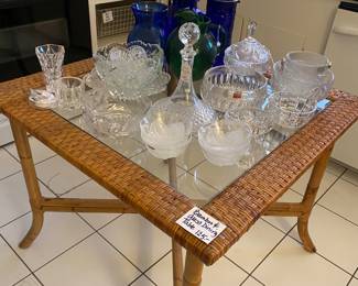 Bamboo & glass dining table, glass & crystal serving pieces! Also small collection of cobalt blue glass. 