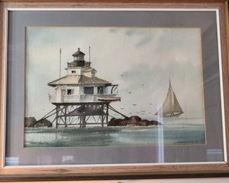 Framed watercolor painting of Windmill Point Light by artist James Ware