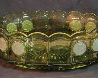 Vintage Fostoria oval green glass coin dish