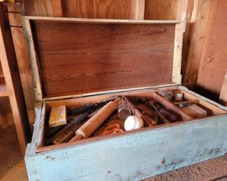 Vintage wood tool box with tray