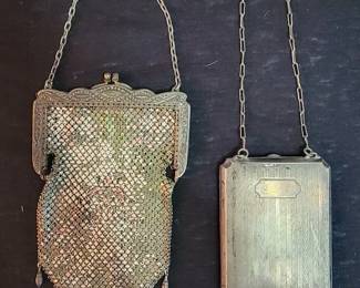 Antique 1920s silverplate compact coin purse/dance card holder and antique art deco-style mesh flapper purse