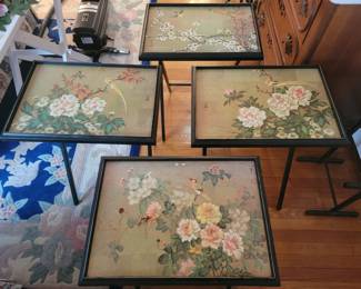 Mid 20th century vintage artex folding tray table set of 4 with stand