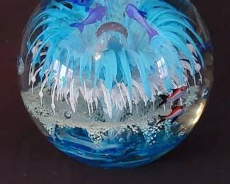 Large glass paperweight, dolphins jumping and fish swimming