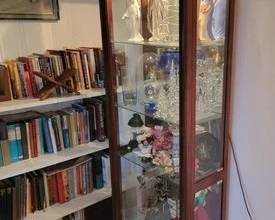 Lighted curio cabinet and large book collection