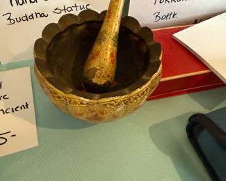 Vintage wooden hand painted mortar and pedestal