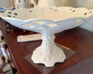 Vintage white pedestal fruit bowl with grape vine open lace edge