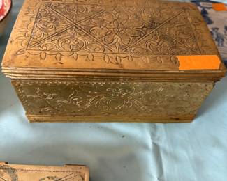Betel nut box in box set. Brass rectangular body with a hinged lid (pin is missing from hinge) . The original use was for the storage of the betel leaf, Areca nut and chewing condiments 