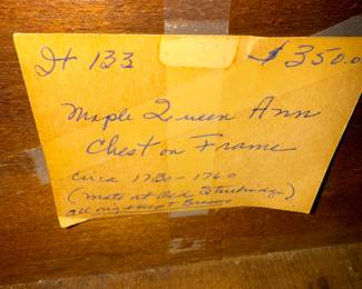 Paper in drawer of Queen Anne Chest