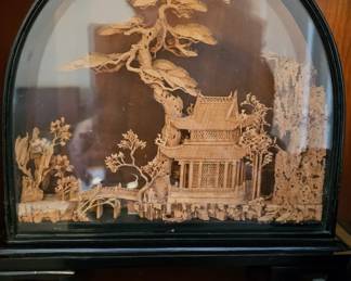 The item is a vintage Chinese carved cork diorama, likely from the post-1940s era