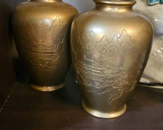 Pair of vintage Japanese brass urn vase with hand-etched designs