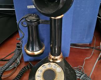 1973 Vintage Deco-Tel Candlestick Rotary Telephone Black w/ Gold Trim Dial Tone